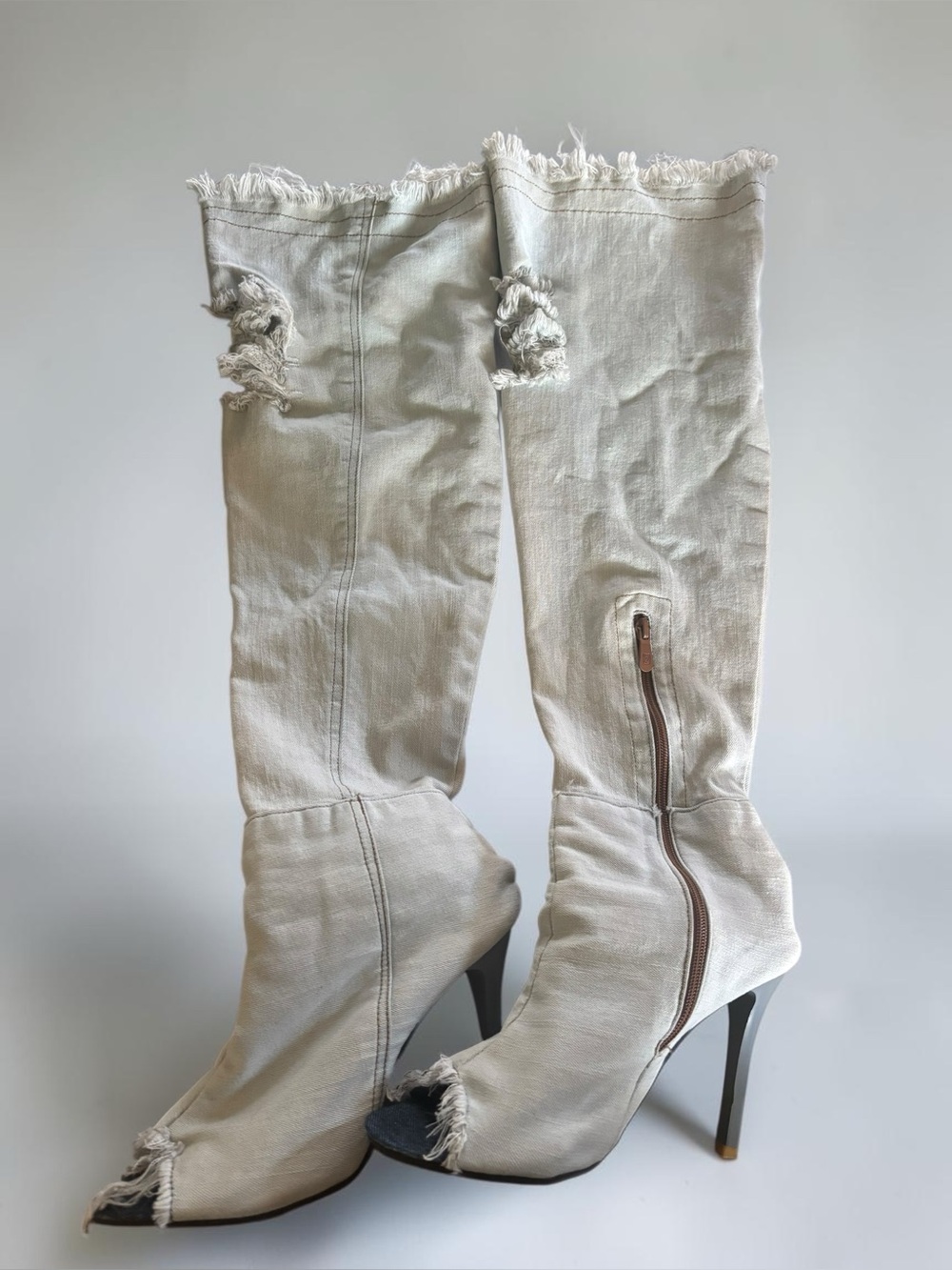 Y2K Denim Thigh High Boots US 10 Distressed Peep Toe Stiletto Heels